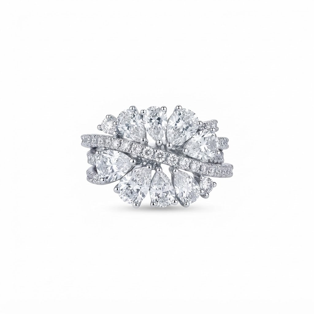 Anillo Plata Línea Cruzada Hojas Gotas Zirconia