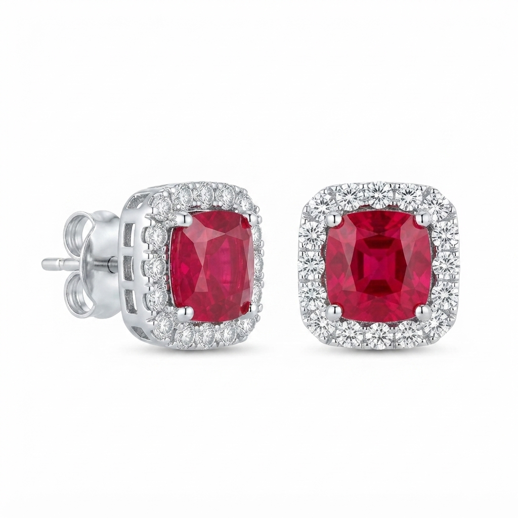 Aretes Plata Cuadro Floreado Zirconia - Rubí