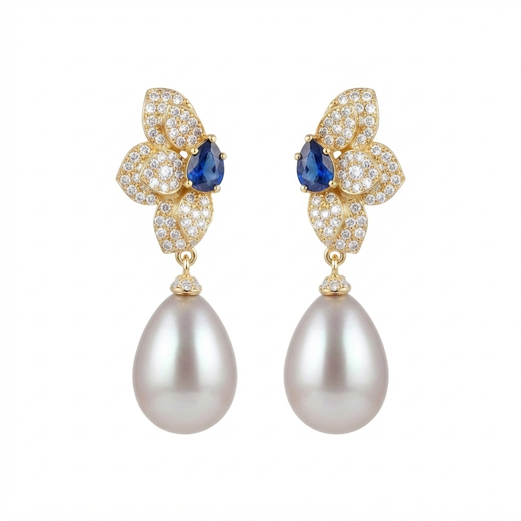 Aretes Dorado Media Flor Gota Perla Colgante - Zafiro