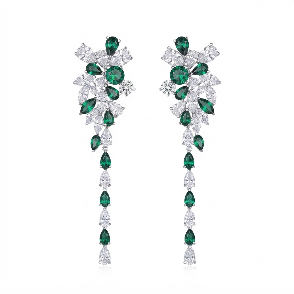 Aretes Cometa Cola 6 Gotas - Plata / Esmeralda