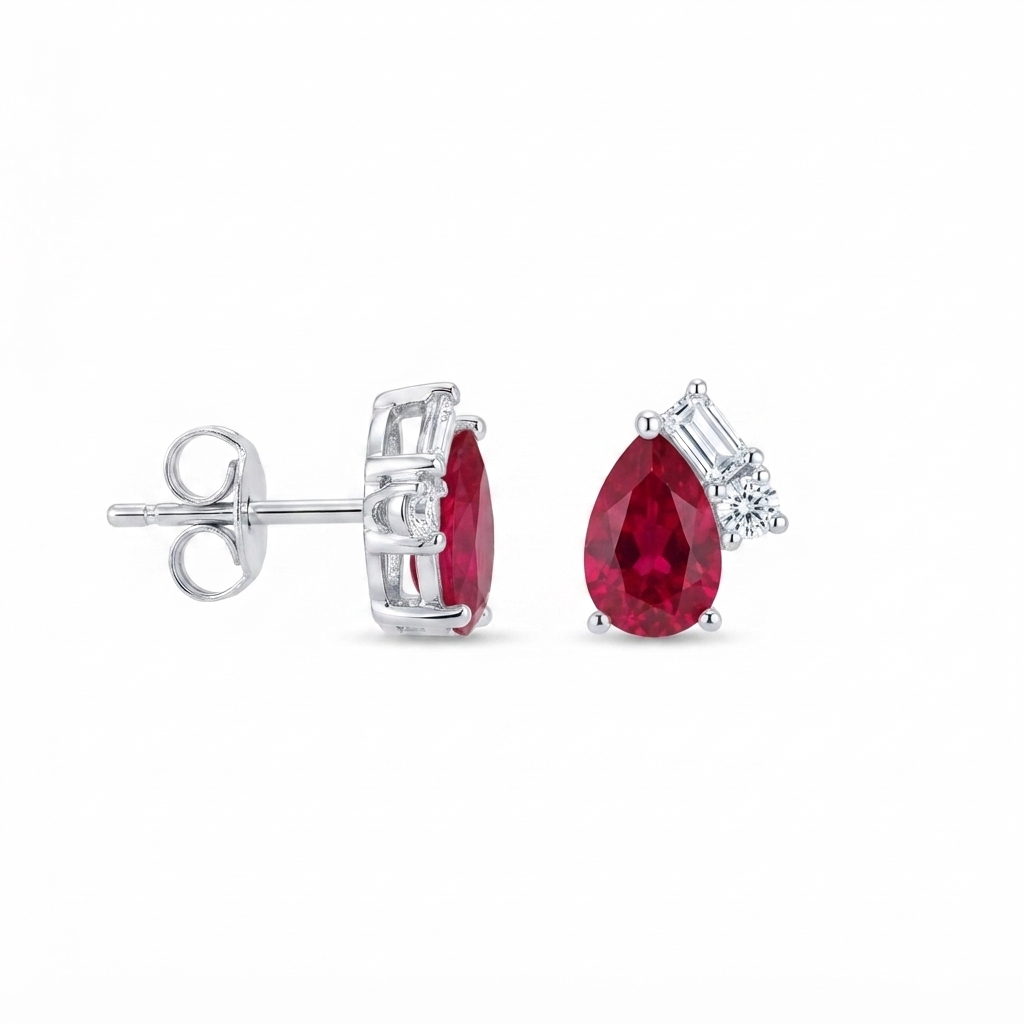 Aretes Plata Triple Baguette Zirconia y Gota - Rubí