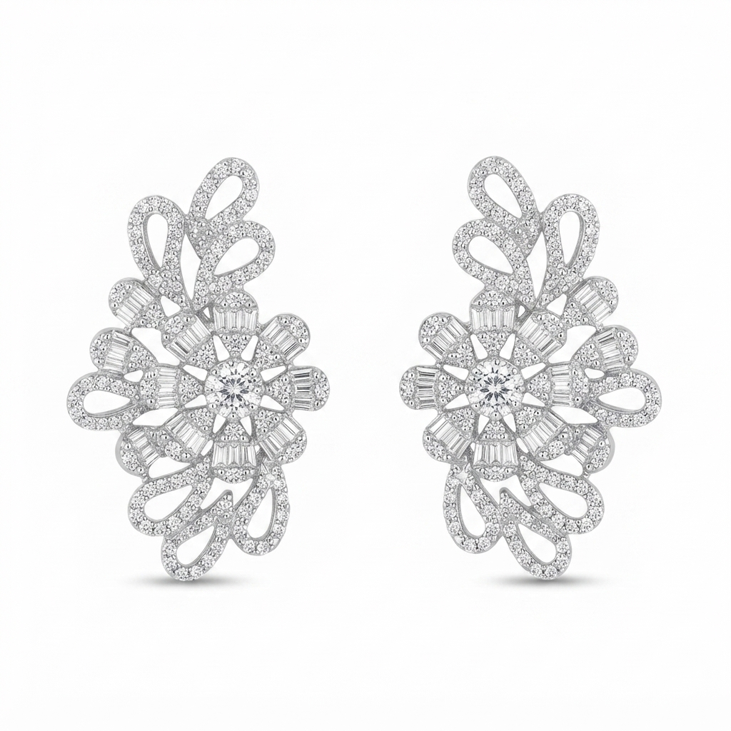 Aretes Plata Flor Baguettes Hojas Huecas
