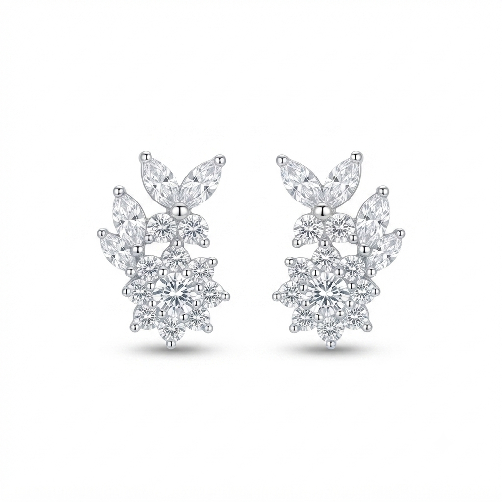 Aretes Flor Zirconias Hojas Encima - Plata