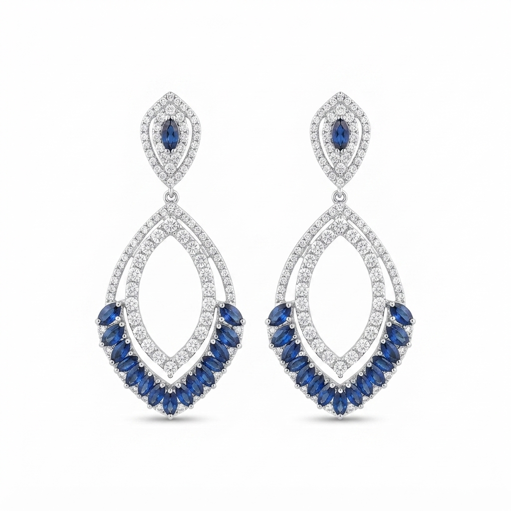 Aretes Plata Doble Óvalo Hueco Hojitas Zafiro por Debajo