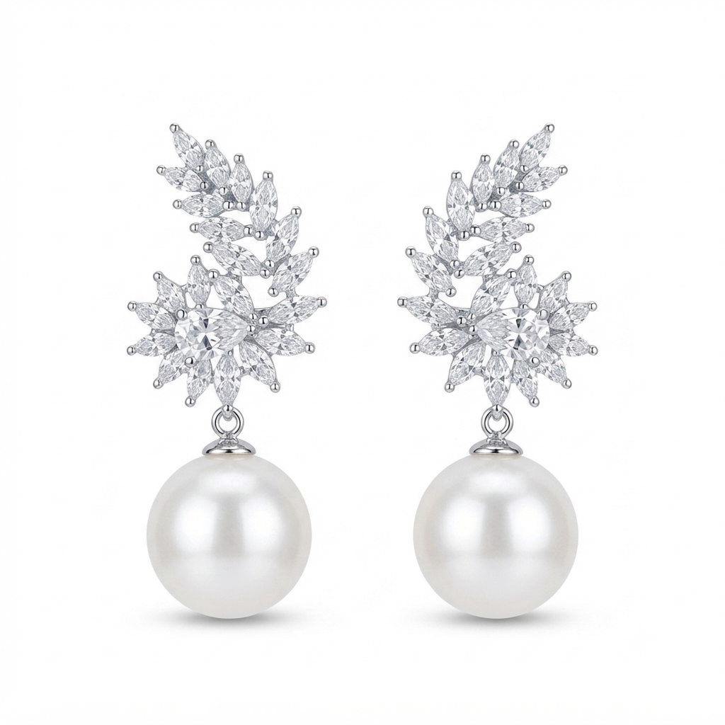 Aretes Plata Espiral Gota Zirconia y Perla Colgante
