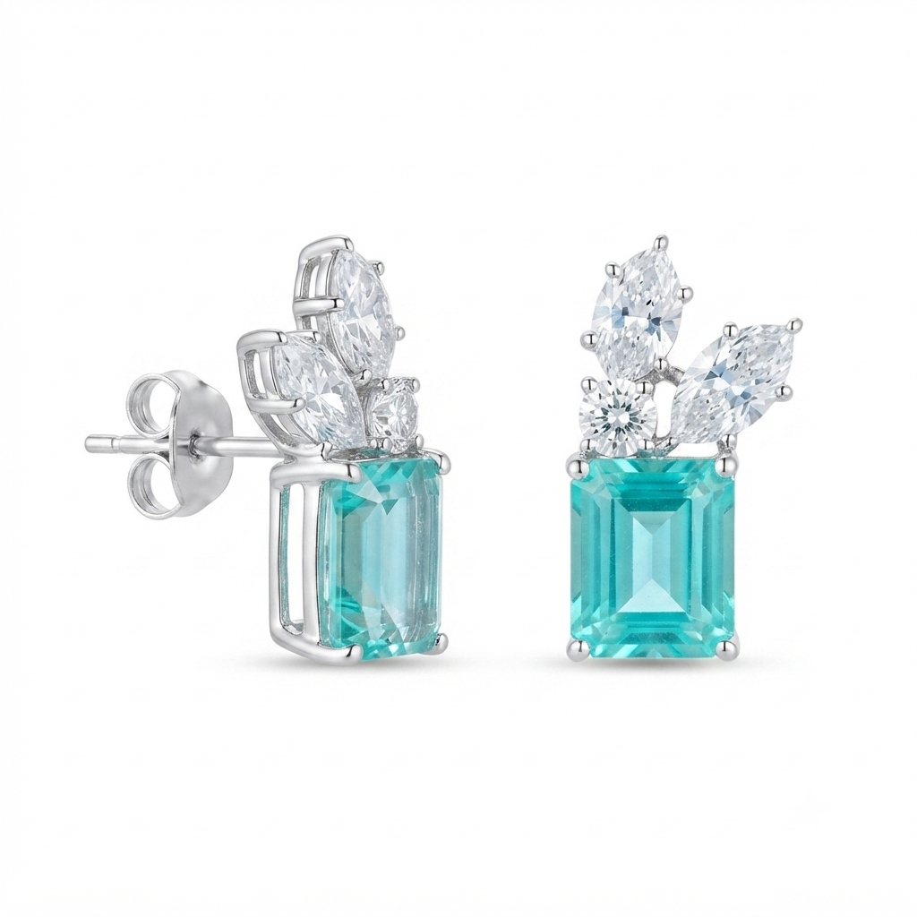 Aretes Plata Cuadro 3 Figuras Zirconia - Aqua Marina