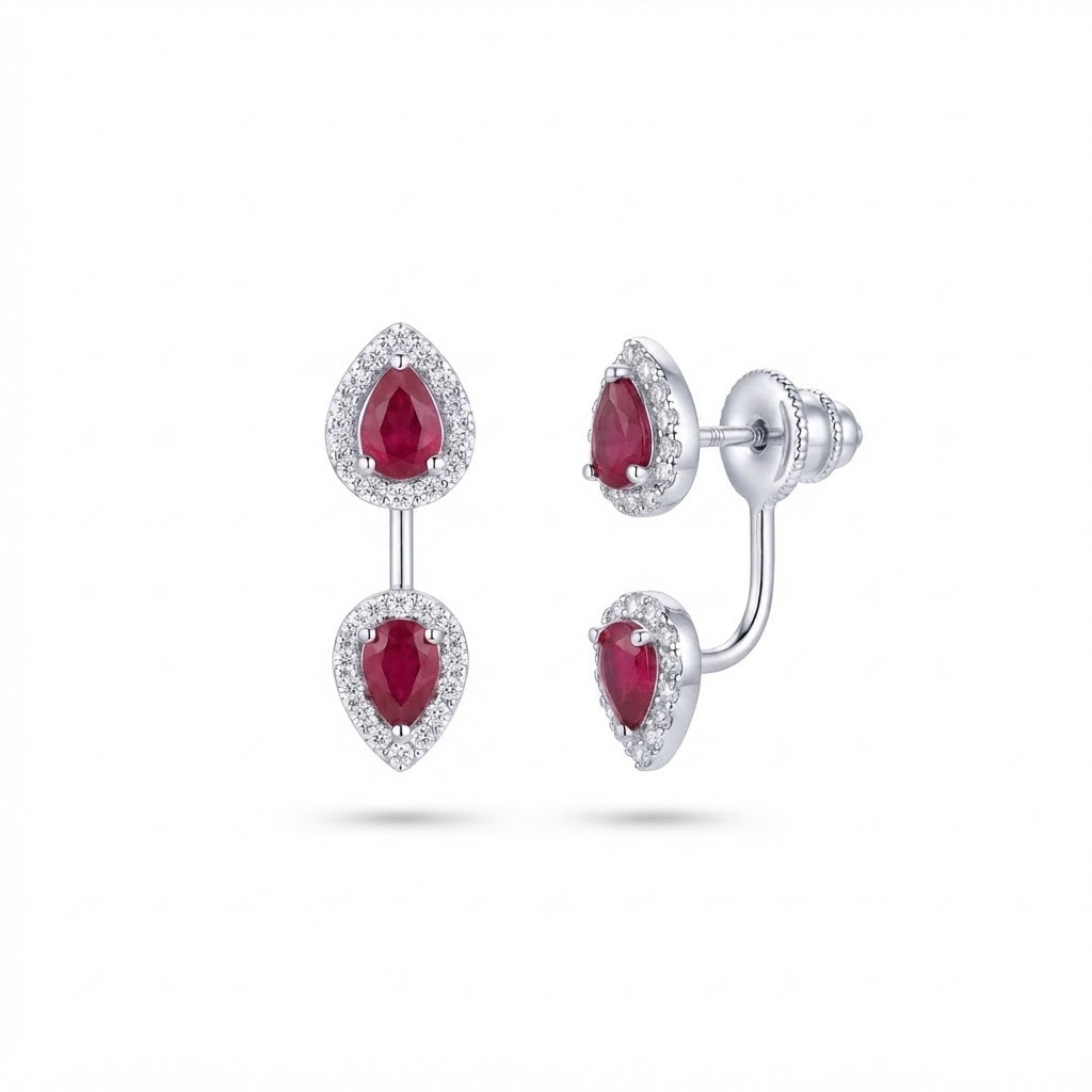 Aretes Doble Gota - Plata / Rubí