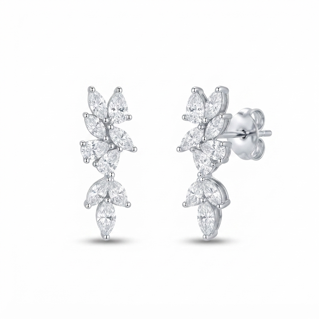 Aretes Tira 4 Gotas Caidas y Zirconias Punta - Plata