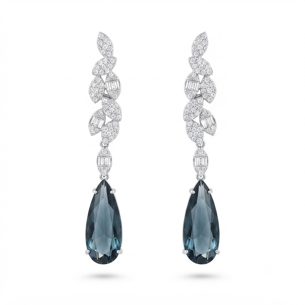 Aretes Plata 8 Hojas Gota Colgante - Zafiro