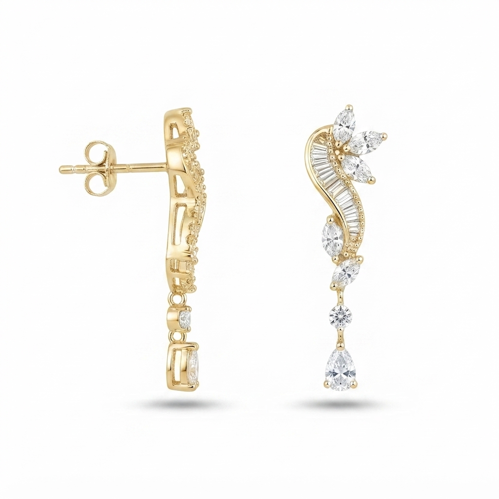 Aretes Media Flor Tira Baguettes Círculo y Gota Colgante - Dorado