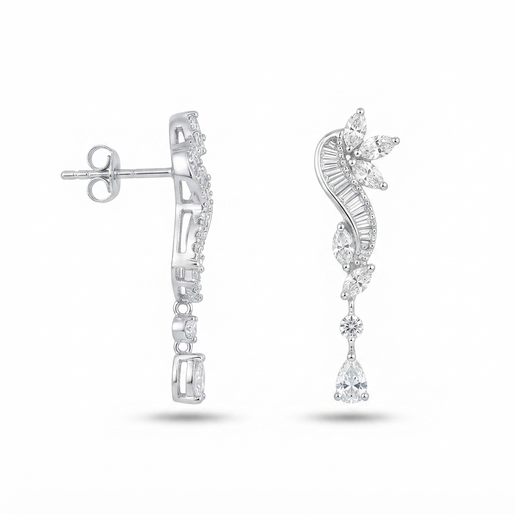 Aretes Media Flor Tira Baguettes Círculo y Gota Colgante - Plata