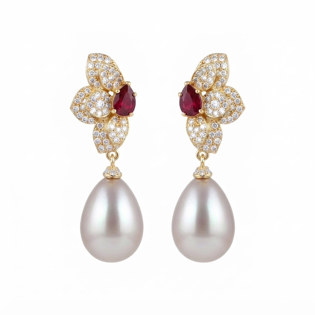 Aretes Dorado Media Flor Gota Perla Colgante - Rubí
