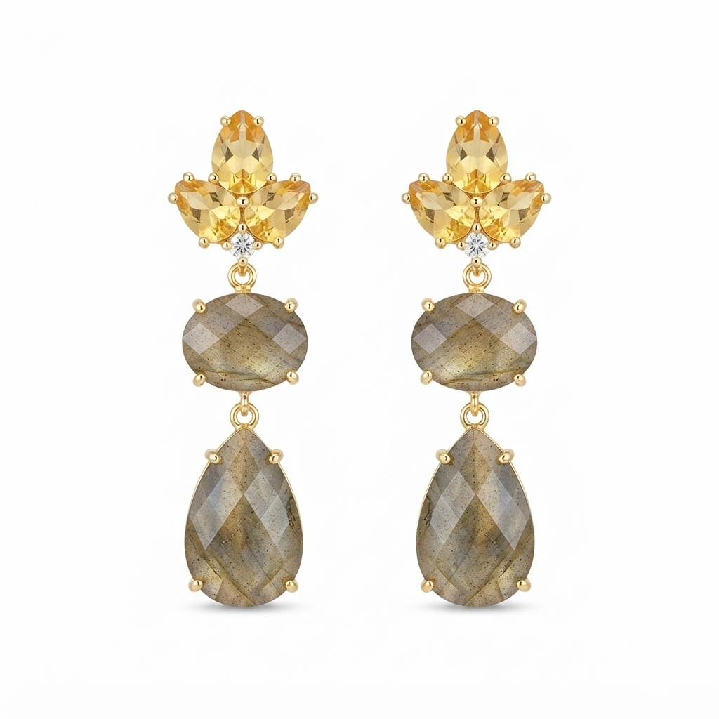 Aretes Dorados 3 Gotas Canary 2 Labradoritas Colgantes