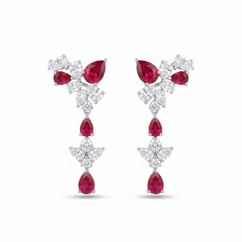 Aretes Plata Figura Varias Gotas 4 Rubí