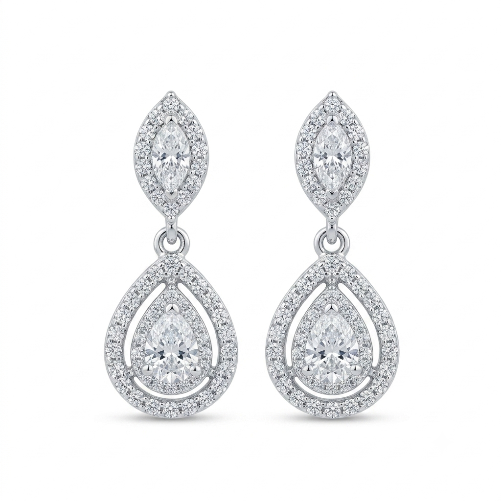 Aretes Plata Óvalo y Gota Colgante Zirconias