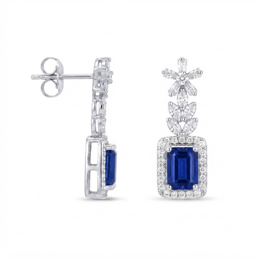 Aretes Plata Flor Baguette Rectángulo Colgante - Esmeralda
