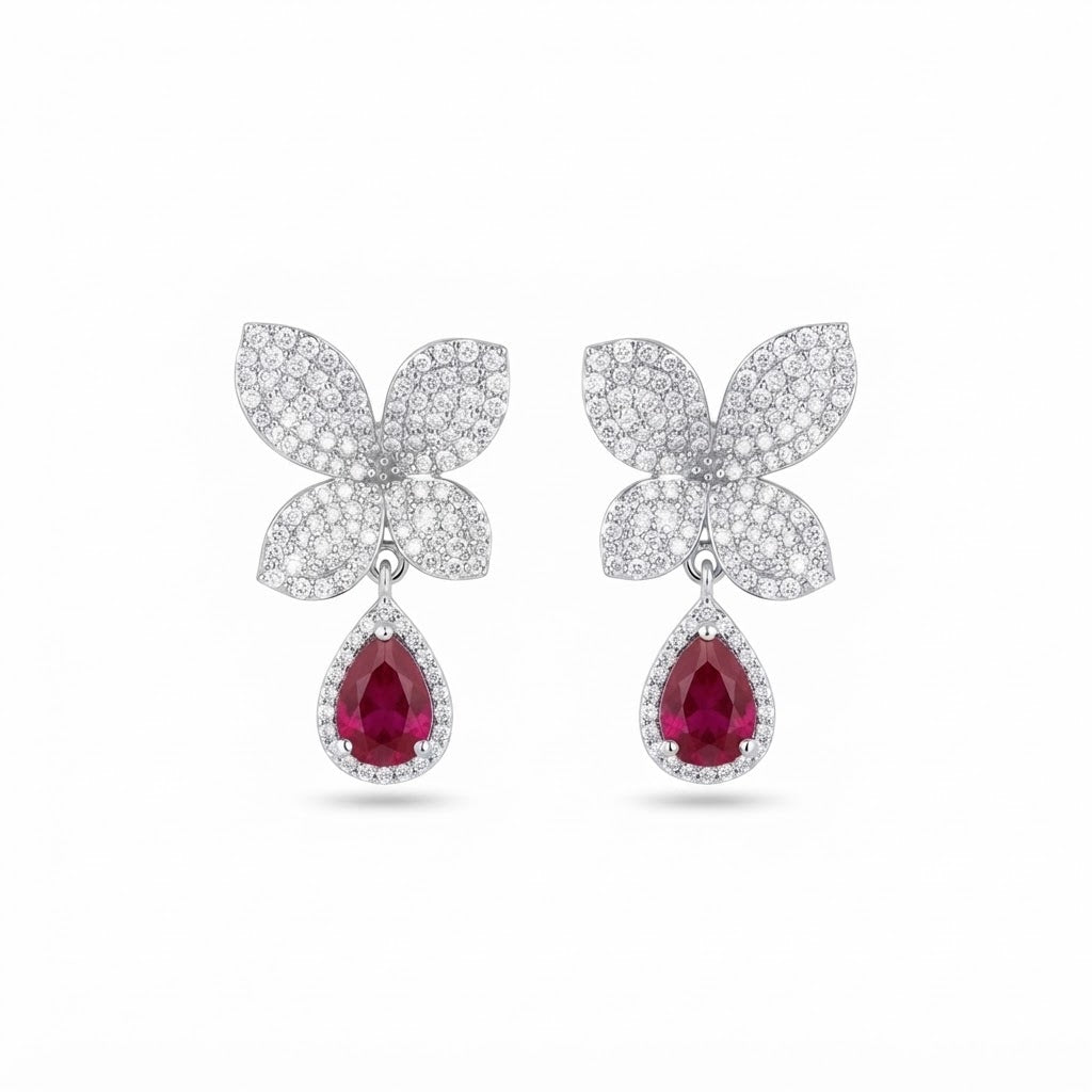Aretes Plata Flor 4 Hojas Gota Rubí Colgante