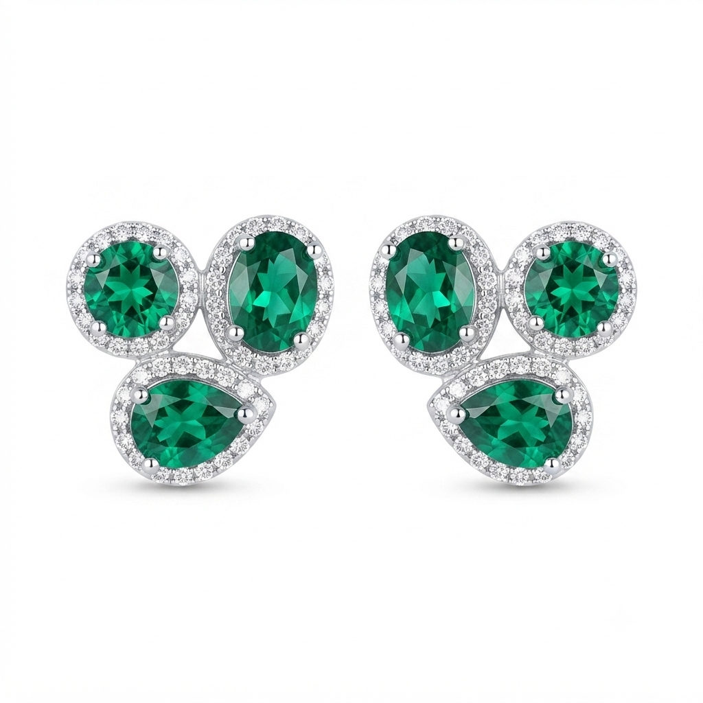 Aretes Plata Tres Esmeralda Círculo, Óvalo y Gota