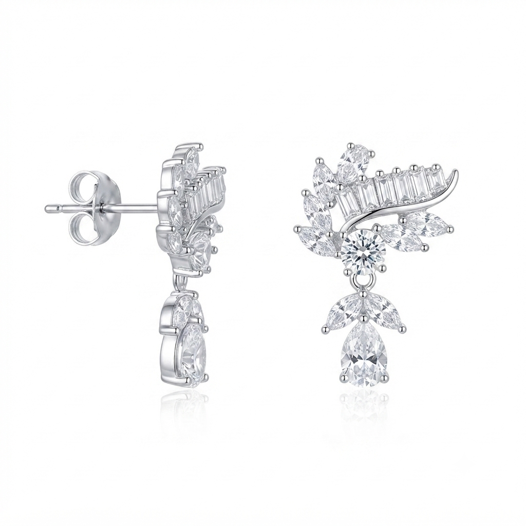 Aretes Tipo Ala Baguettes Gota Colgante - Plata